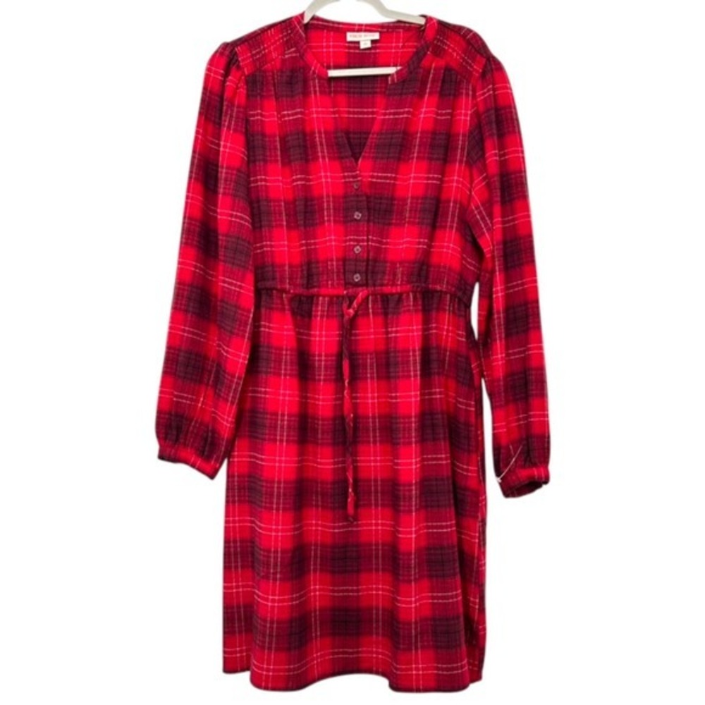 Knox Rose Size Medium Red Black Plaid Flannel Shirtdress V-Neck Casual Cozy Fall